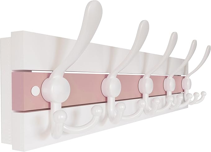 SKOLOO Coastal Wall Mounted Coat Rack - 17" Beach House Entryway Wooden Coat Hook with 5 Hooks for Hanging Coats, Hats or Towels, Oceanfront Cottage Core Collection, White & Palm Beach Pink
