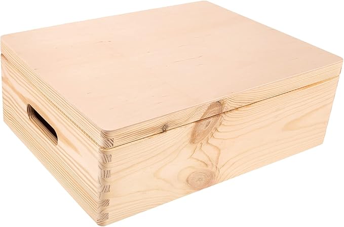 XL Wooden Storage Box with Hinged Lid | 15.8x11.8x5.5in (+-0.5) | Plain Unpainted Gift Box with Handles for Tool Toy Shoes Kitchen Clothes Jewelry | Rough & UNSANDED Wood
