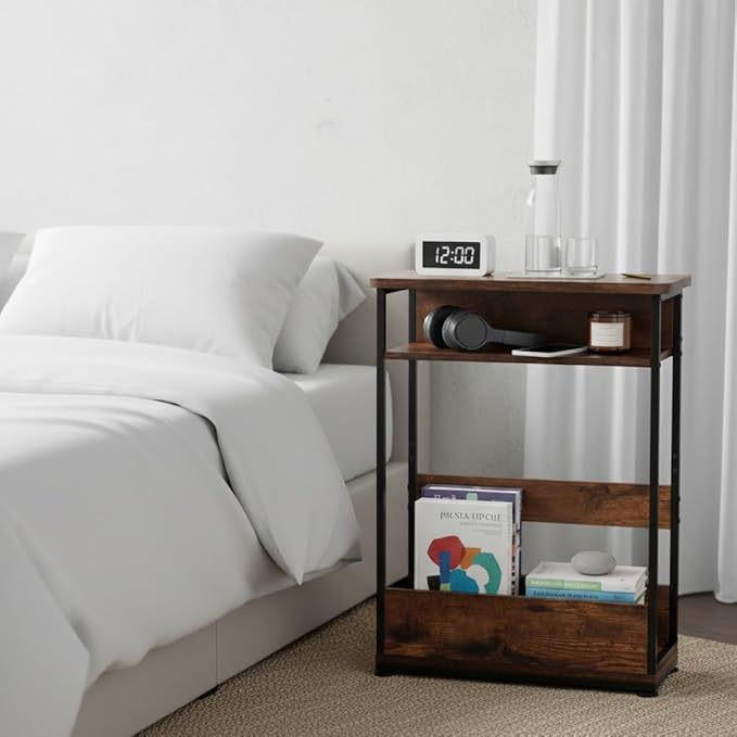 Narrow Side Table,3-Tier Slim End Table with Storage Shelf,Modern Sofa Table Thin Side Table for Narrow and Small Spaces, Skinny Bedside Table Small Nightstand with Magazine Rack Space Saving/Brown