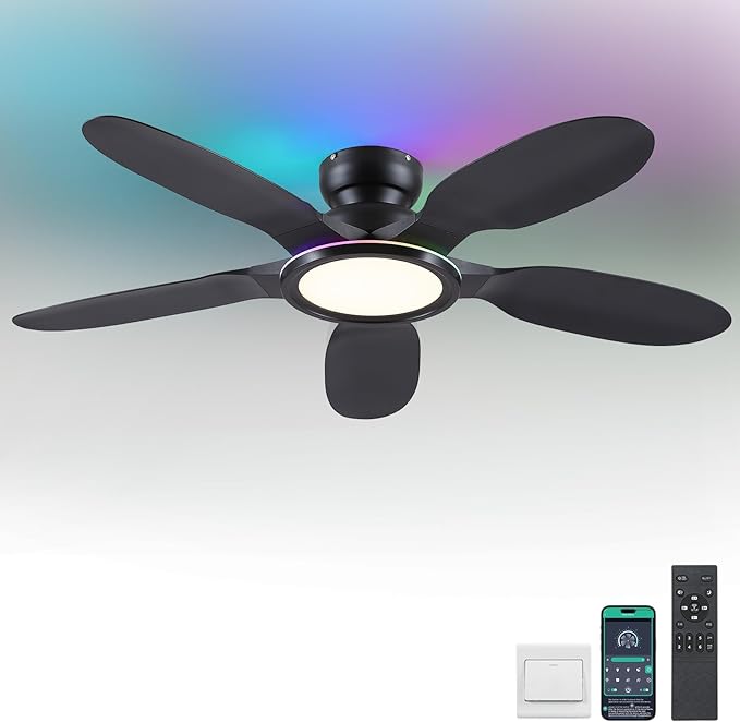 Ceiling Fans with Lights and Remote/APP Control, 52 inch Low Profile Ceiling Fans with Dimmable White + RGB Ring Lights, 6 Speeds 5 Curved Blades for Kids Room Bedroom Bar, Black
