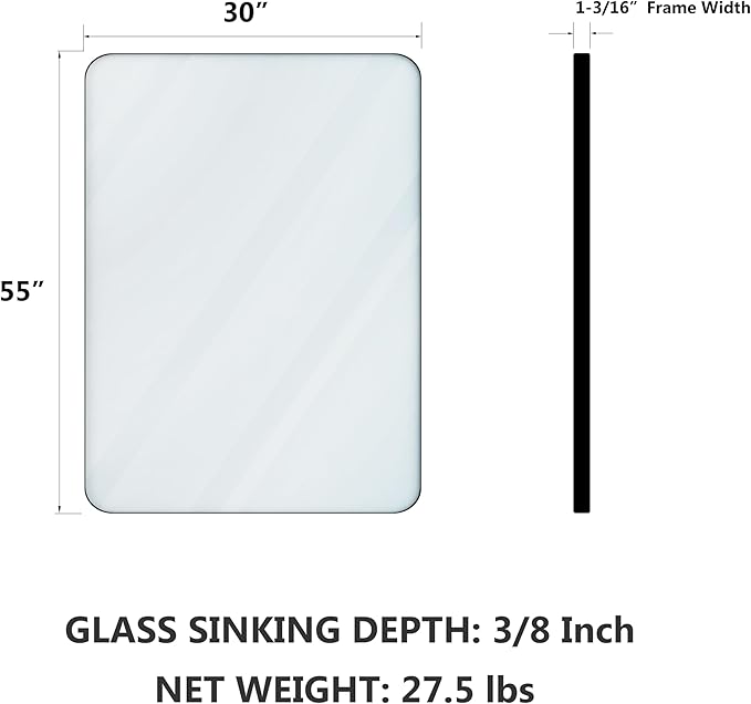VocalStar 55 x 30 Inch Black Bathroom Mirror for Wall, Large Rounded Rectangle Metal Framed Bathroom Wall Vanity Mirror Farmhouse, 1/4-inch Shatterproof Glass | Ultra-Flush Hanging