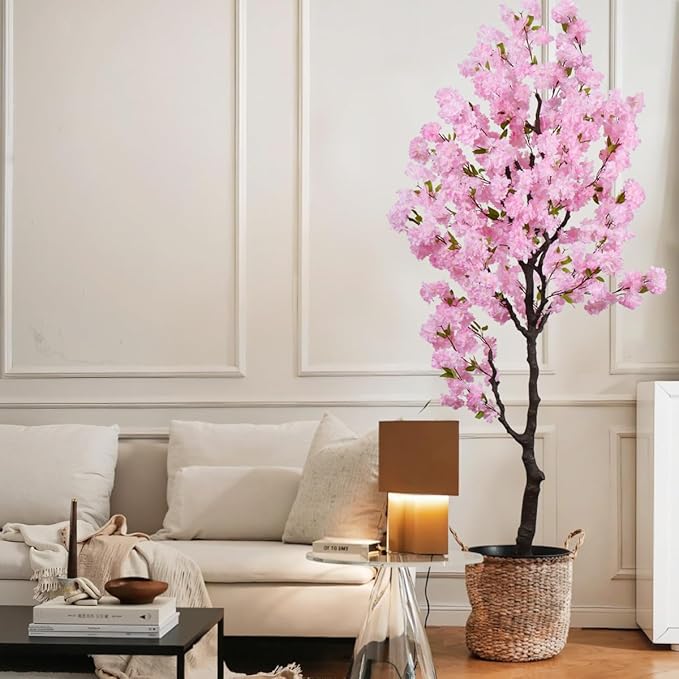 Artificial Pink Cherry Blossom Tree 7 FT Faux Flowering Trees Fake Cherry Blossom Decorative Tree Indoor for Home Decor