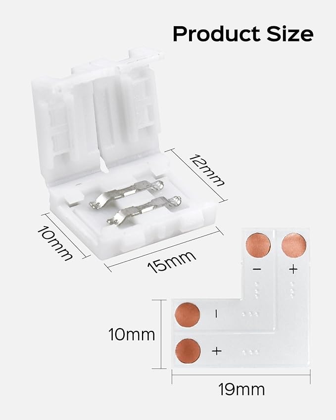 JACKYLED 10mm 2-Pin LED Strip Connectors for LED Strip Lights, Total 22Pcs Corner Connectors Kit for Unwired Gapless Solderless Adapter Extension - 10mm 2pin 10 Pack