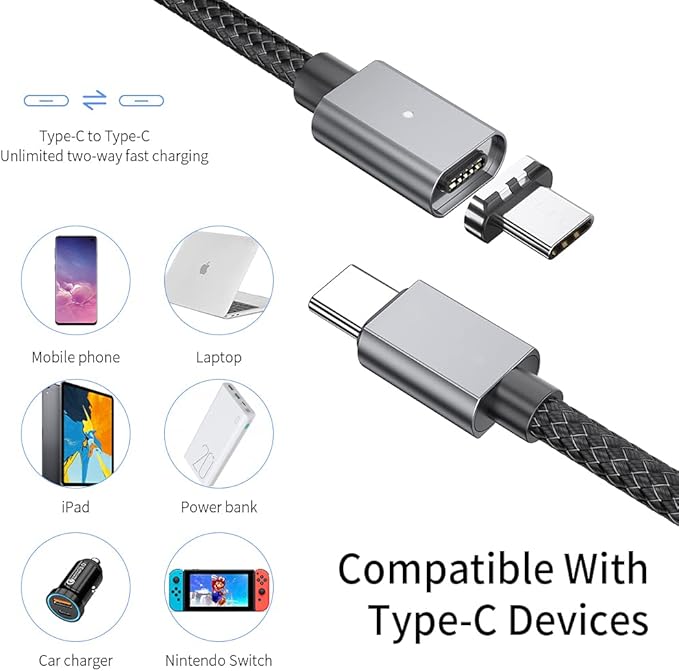 USB C Magnetic Cable (5ft L-Shape), USB2.0 Type C Right Angle Cord with PD 100W Charge and 480Mbps Data Transfer, Compatible for MacBook Pro/Air iPad Pro and More USB C Devices