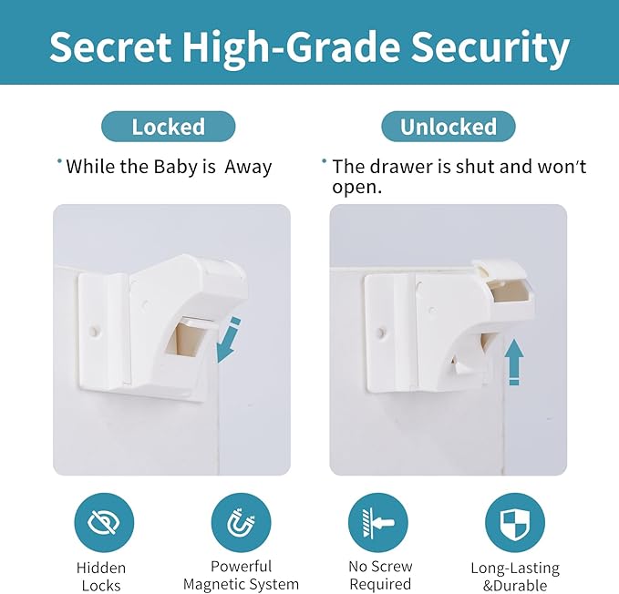 Adhesive Magnetic Cabinet Locks Baby Proofing for Cabinets & Drawers (40 Locks and 4 Keys)