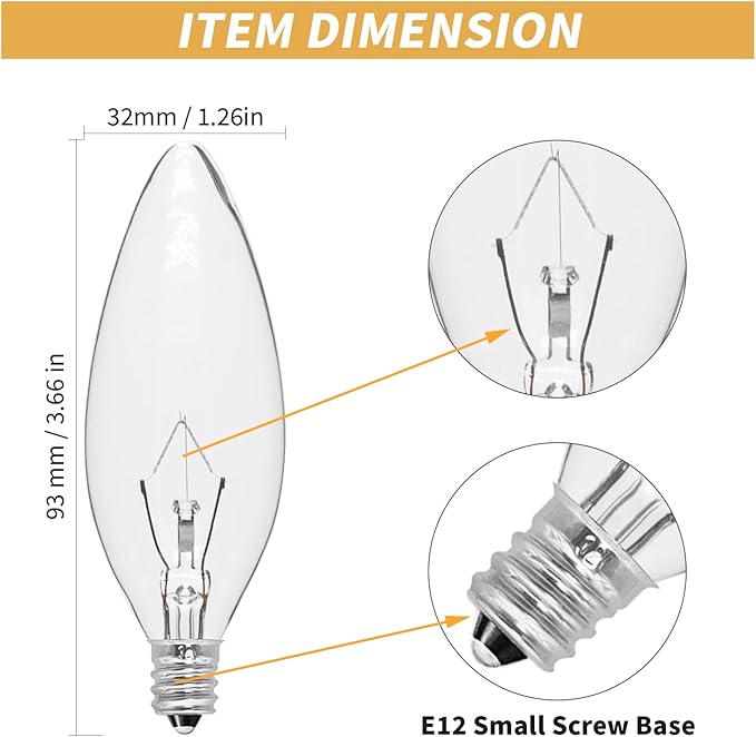20-Pack E12 Candelabra Light Bulbs 25W Warm White 2500K, 240 Lumen Dimmable Chandelier Light Bulbs for Ceiling Fan, Pendants or Outdoor, B10 Clear Incandescent Candle Bulbs