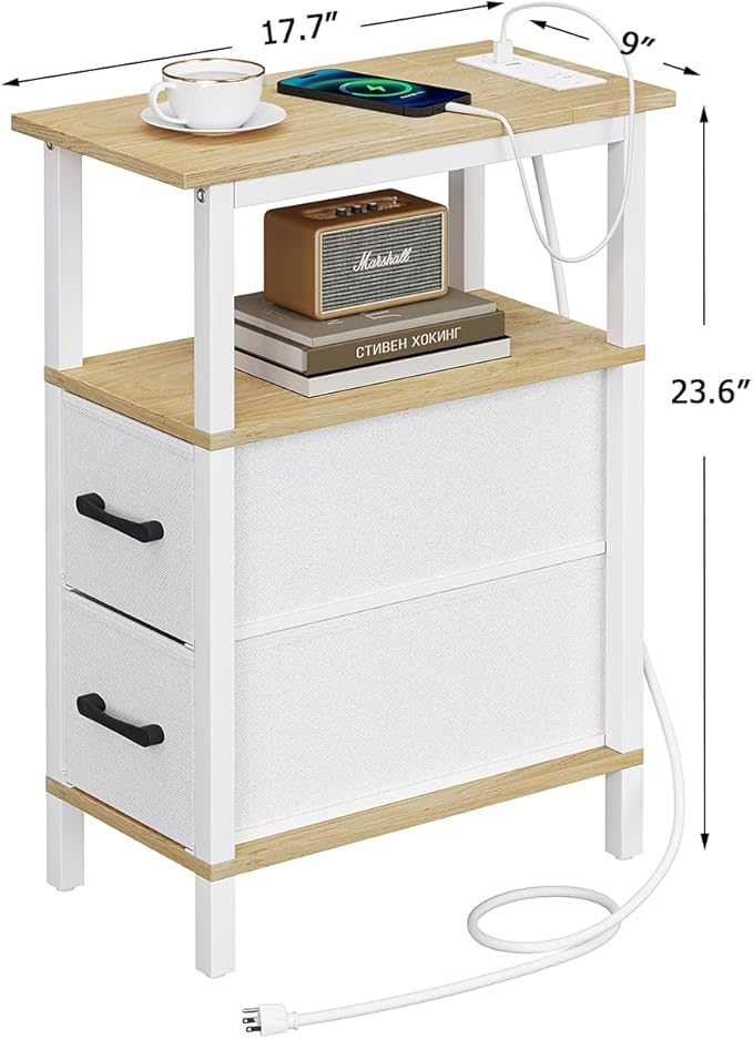 Narrow Side Table for Small Spaces, Skinny End Table with Charging Station, Sofa Beside Table with 2 Fabric Drawers and 1 Open Compartment, Slim Nightstand with USB Ports Outlet, White and Nature Wood