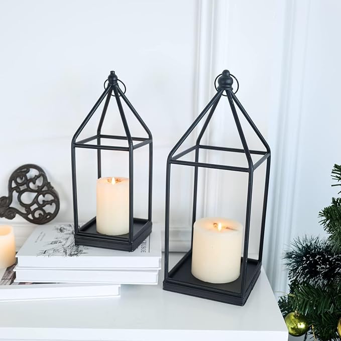 DECORKEY Luxury Lantern Decorative Outdoor&Indoor, Set of 2 (18’’&14’’) Black Metal Lanterns Decor, Vintage Hanging Candle Holder for Home Porch Wedding Centerpiece,Halloween Christmas Decorations