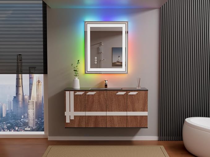 LED Mirror for Bathroom, 30"X36" with 8 RGB Backlit +3 Front Lit (Adjustable Individually), Anti-Fog, Lighted Bathroom Vanity Mirror for Wall, Shatterproof, Memory Function, Tempered Glass
