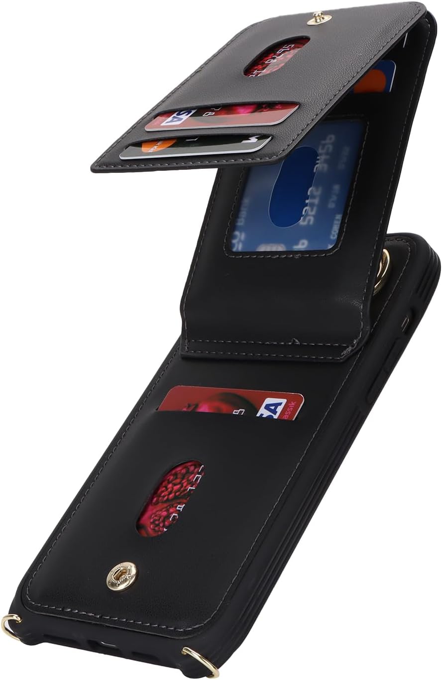 iPhone 12 Case Wallet with Card Holder for Women, Crossbody with Strap, Kickstand Zipper Case - Black