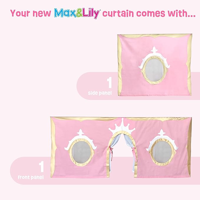 Max & Lily Underbed Curtain for Low Bunk Bed/Low Loft Bed, Princess Play Curtain for Kids, Cotton Privacy Curtain for Bottom Bunk, 2 Panel Curtain Set, Light Pink/Gold