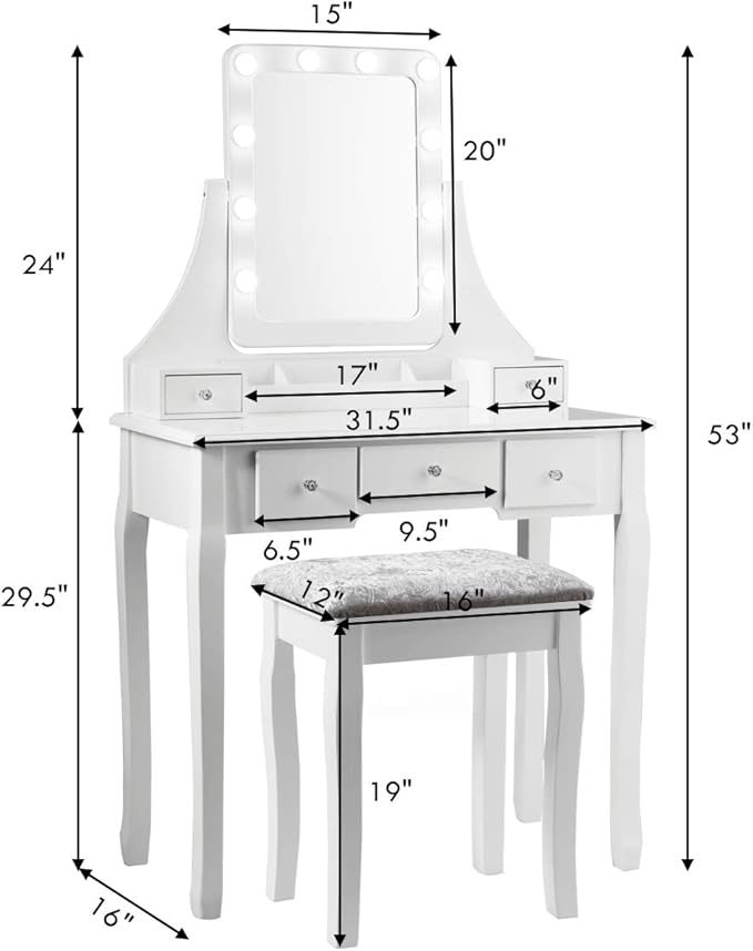 CHARMAID LED Vanity Desk with Lighted Mirror, 10 Dimming Bulbs, 5 Drawers, 3 Storage Organizers, Makeup Vanity Desk with Stool, Bedroom Dressing Table, Gift for Girls Women (White)