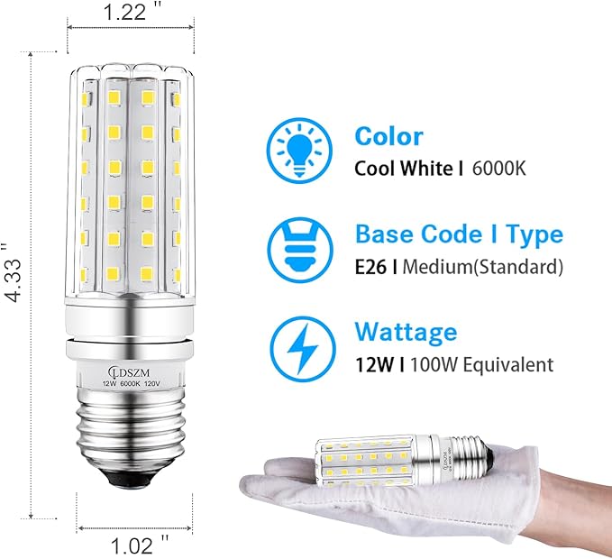 LED Light Bulb 100w Equivalent 1200 Lumen 6000K Cool Daylight White 12W LED Super Bright Bulb E26 Base Non-Dimmable Chandelier Light Bulbs for Home Indoor LED Corn Light Bulb Pack of 4