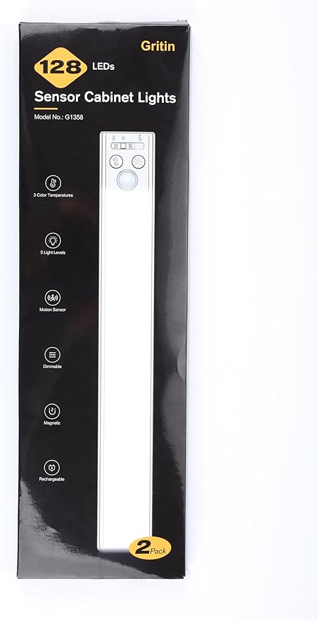 Gritin 14.7inch Under Cabinet Lighting Rechargeable - 128 LED Super Bright, 3-Color&5 Level Brightness, 4 Modes, Motion Sensor, Long Lasting-Easy Installation Magnetic Closet Lights - 2 Pack-Black
