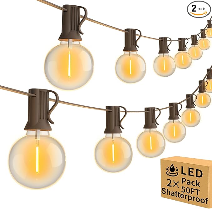 100ft 2-Pack Outdoor String Lights,Dimmable G40 LED String Lights with 52 Shatterproof Clear Bulbs UL Approval Waterproof Globe 1W 2700K Outdoor Lighting for Backyard Porch Cafe Party Wedding Garden