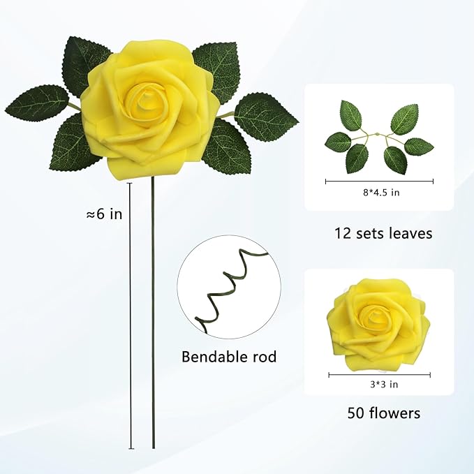 JOYLEX Artificial Flowers Realistic Roses, 50pcs Real Looking Fake Roses with Stem for DIY Wedding Bouquets Centerpieces Bridal Shower Party Home Romantic Decorations (Yellow)
