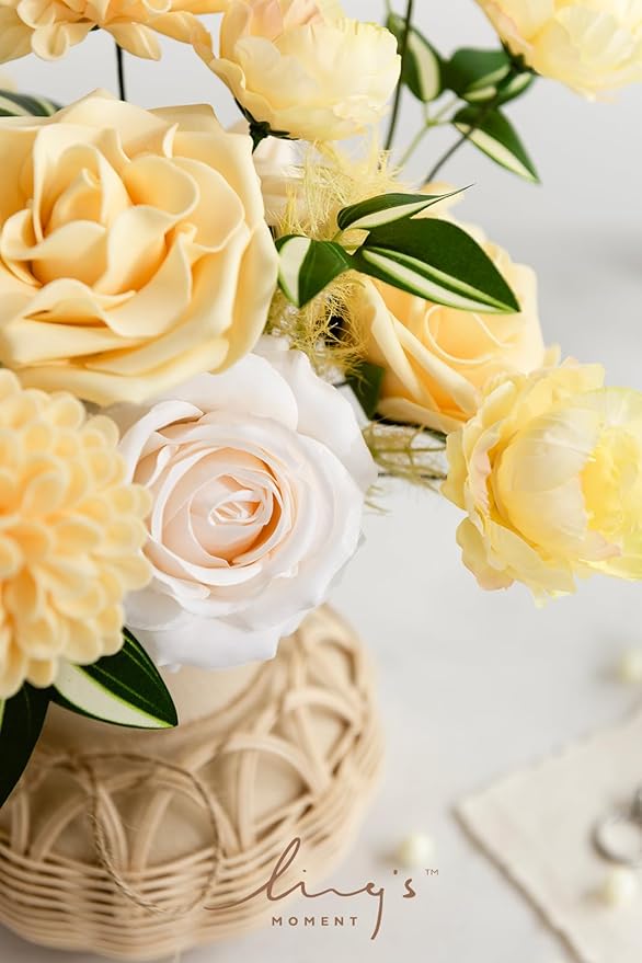 Ling's Moment Artificial Flowers Fake Silk Roses Faux Foam Dahlia Combo for DIY Wedding Bouquets Centerpieces Arrangements Bridal Shower Party Home Decorations, Creamy Yellow & Cream, 24pcs