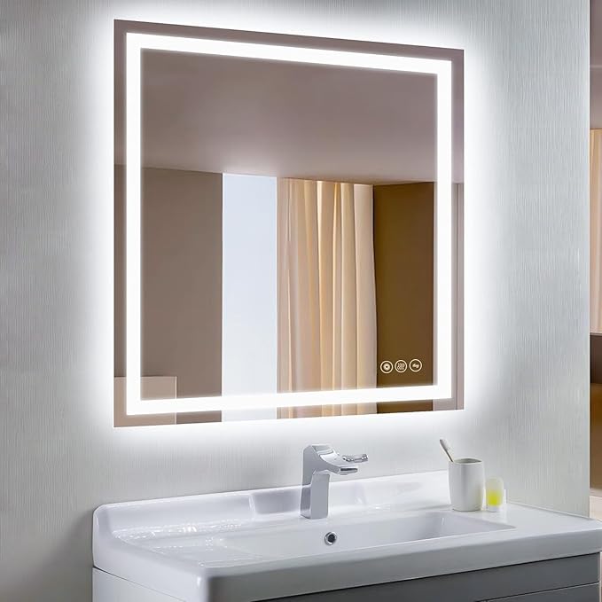 Wall-Mounted LED Square Bathroom Mirror, Makeup Mirror (36 inches x 36 inches,) 3 Color Dimming Bathroom Vanity Mirror with Lights Smart Mirror with Touch