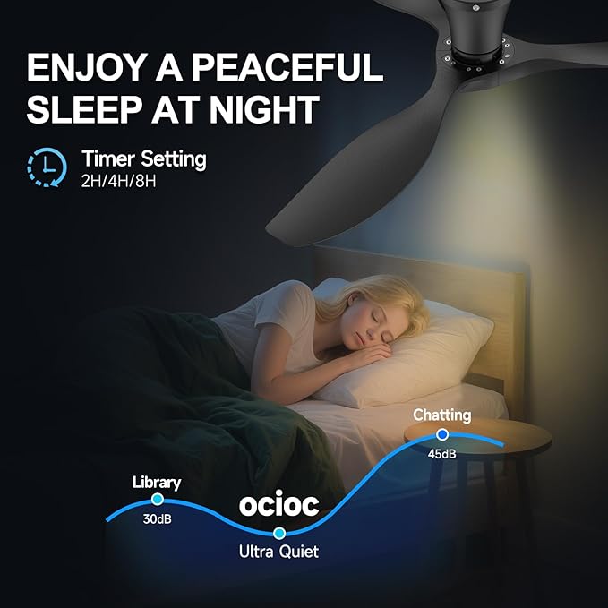 ocioc 52 inch Ceiling Fans with Lights and Remote, Dimmable Ceiling Fans with Reversible Quiet DC Motor, Flush Mount, 3CCT, Black Ceiling Fan for Bedroom Living Room Indoor/Outdoor