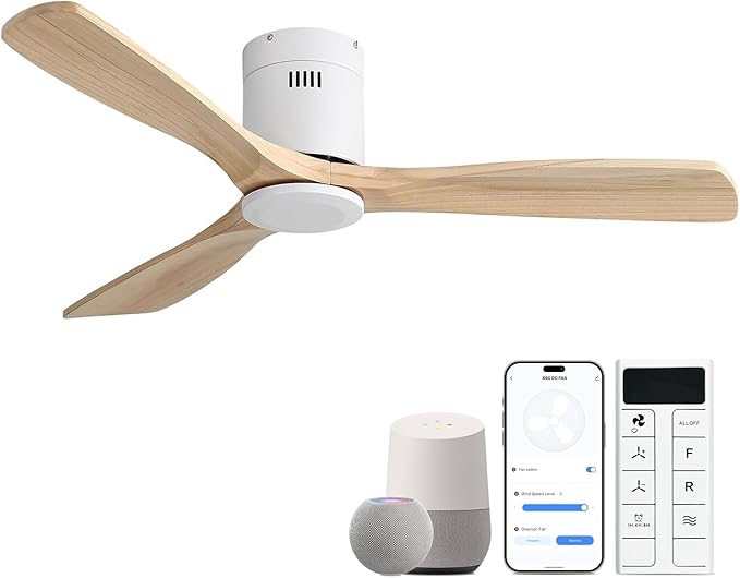 Sofucor 52 Inch Smart Ceiling Fan Without Light Flush Mount Solid Wood Ceiling Fan with Alexa/Google/APP/Remote Control-Modern Outdoor Ceiling Fans No Light for Bedroom/Patio/Indoor,Natural Wood&White