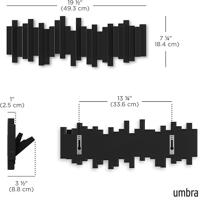 Umbra Sticks Wall-Mounted Coat Rack Rail Hook with 5 Retractable Pegs – Modern, Space-Saving Storage Organizer, Black
