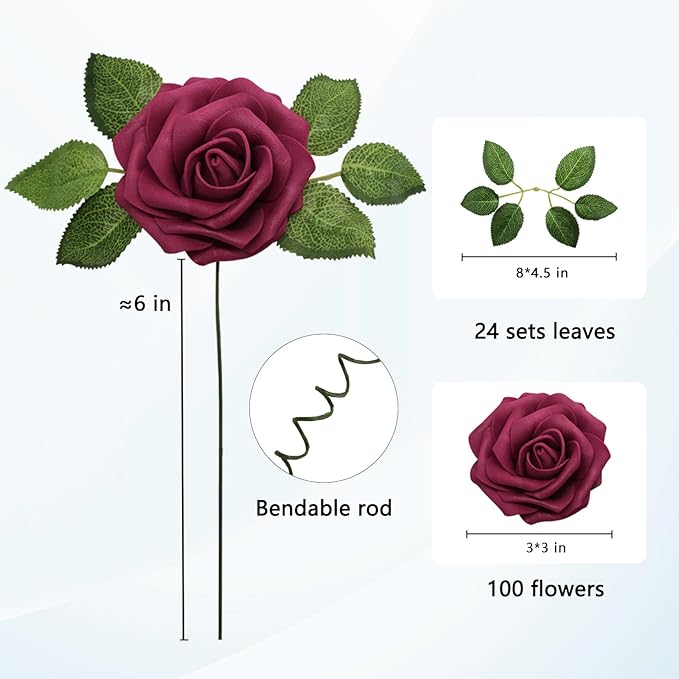 JOYLEX Artificial Flowers Realistic Roses, Real Looking Fake Roses with Stem for DIY Wedding Bouquets Centerpieces Bridal Shower Party Home Romantic Decorations (Wine Red, 100pcs)