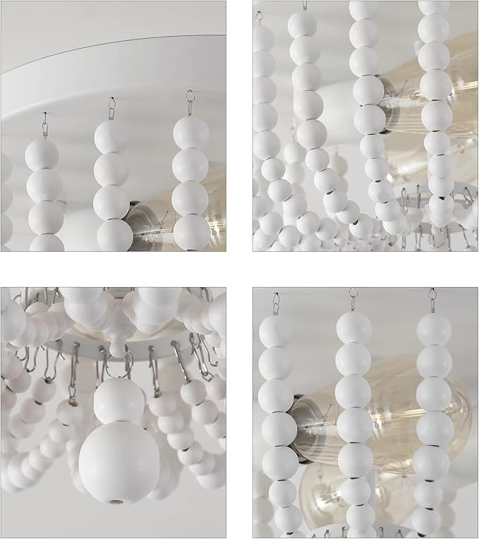 Q&S White Flush Mount Ceiling Light Fixtures,2-Lights Wood Beaded Boho Chandeliers for Nursery Baby Bedroom Dining Room Living Room Kitchen Hallway W11.81