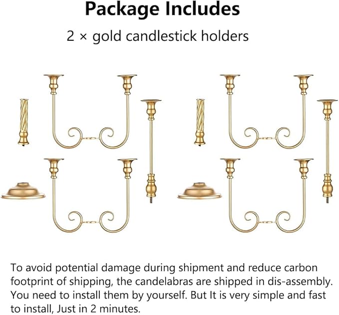 Metal Candelabra Gold Candle Stand 20in Tall, 5-Candle Candlestick Holder for Taper Candles, Candle Holder for Wedding Centerpiece Christmas Valentine Holiday Party Event Reception Decor, 2Pcs