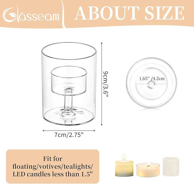 Glasseam Glass Tealight Candle Holder: Small Hurricane Cylinder Votive Holder Set of 6 Modern Table Centerpiece Wedding Christmas Party Decorations, 3.15
