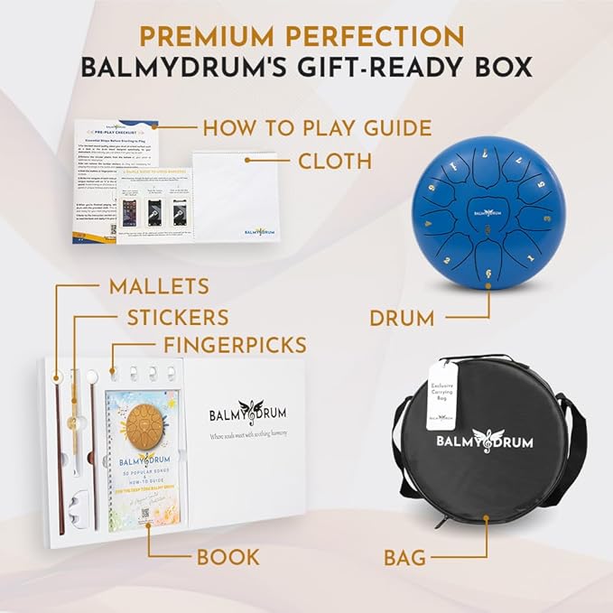 The Balmy Drum - 11 Note 10 Inch Steel Tongue Drum, Steel Drum Instrument, Drums For Children and Adults, Balmy Drum Set for Kids with Music Book, Handpan, Mallet and Carry Bag (Blue)