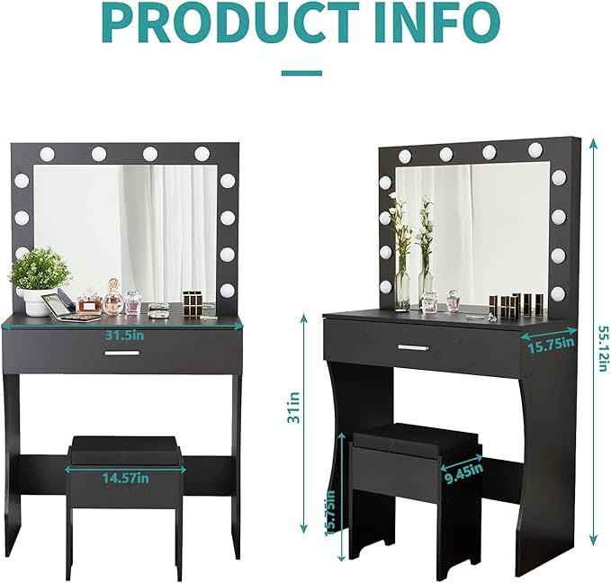 Vanity Desk, Makeup Vanity with Mirror and Lights, Adjustable Brightness and Sturdy Wood Vanity Large Drawer, 31.5in, Black