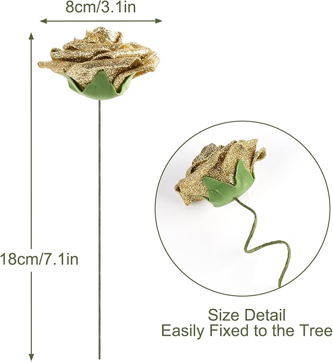 MACTING 30PCS Artificial Flowers Real Touch Foam Roses with Stem Fake Glitter Flowers for DIY Wedding Bouquet Table Centerpieces Party Holiday Wreath Home Spring Easter Mothers Day Decorations(Gold)