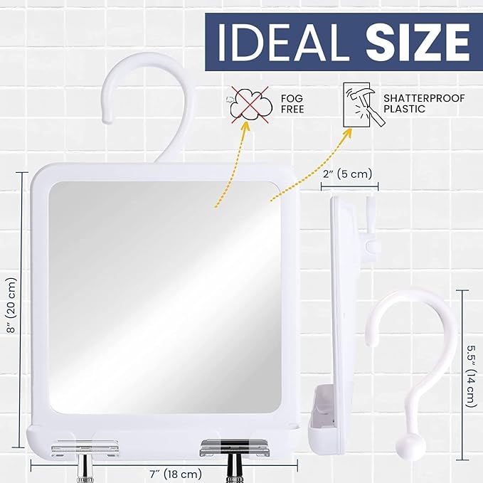 MIRRORVANA Dual Anti Fog Shower Mirror for Shaving, Shatterproof Fogless Design with Hook for Hanging - Fill Back Chamber/Reservoir with Hot Water for Fog-Free Shave - 8" x 7" (White)