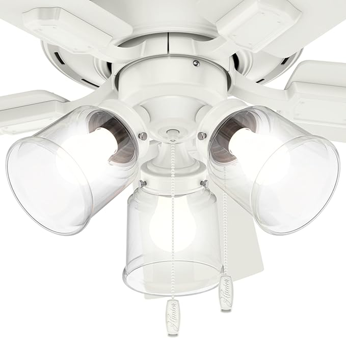 Hunter Fan Company 52152, 42 inch Crestfield Fresh White Low Profile Flush Mount Ceiling Fan with Lights LED and Pull Chain