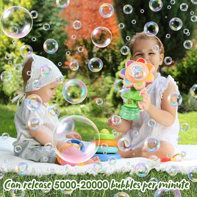 Sunflower Bubble Machine for Kids Automatic Flower Bubble Toy with Colorful Lighting for Toddlers Handheld 20000+Bubbles 3 Modes Fun Swing Dance Bubble Maker Blower Blaster Outdoor Toys Type-C Pink