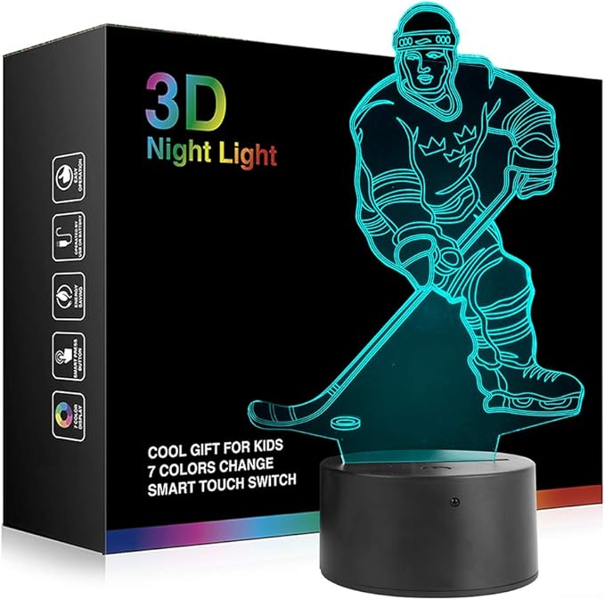 Hockey Player 3D Night Light Lamps for Kids 7 LED Color Changing Touch Table Desk Lamps Lighting Cool Toys Gifts Birthday Xmas Decoration for Sports Hockey Fan