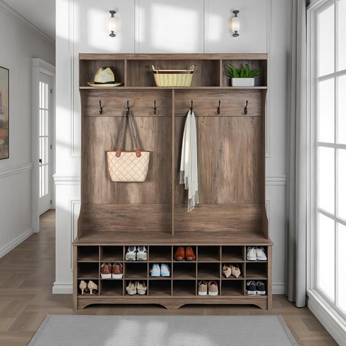 Prepac Gray Hall Tree, Shoe Cabinet, Storage Cabinet with 24 Shoe Cubbies and 6 Double Coat Hooks 15.5" D x 60" W x 77" H