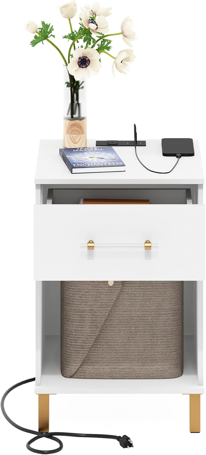 Furinno TIDUR Side Table, Drawer End Table with Charging Station, Night Stand, Bedside Table with USB and Type-C Charging Port, for Living Room, Bedroom, White