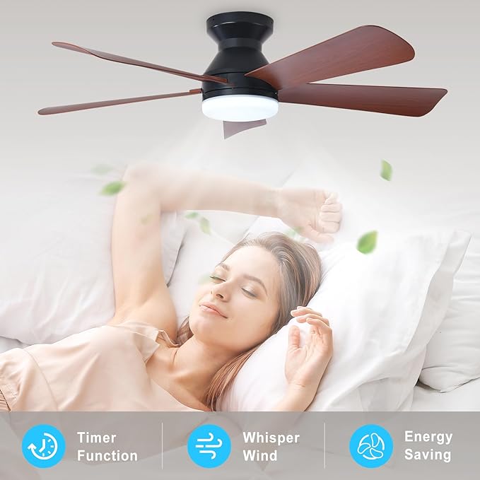 DINGLILIGHTING Ceiling Fans with Lights for Bedroom: 42 Inch Walnut Low Profile Ceiling Fan with Light and Remote Indoor Outdoor