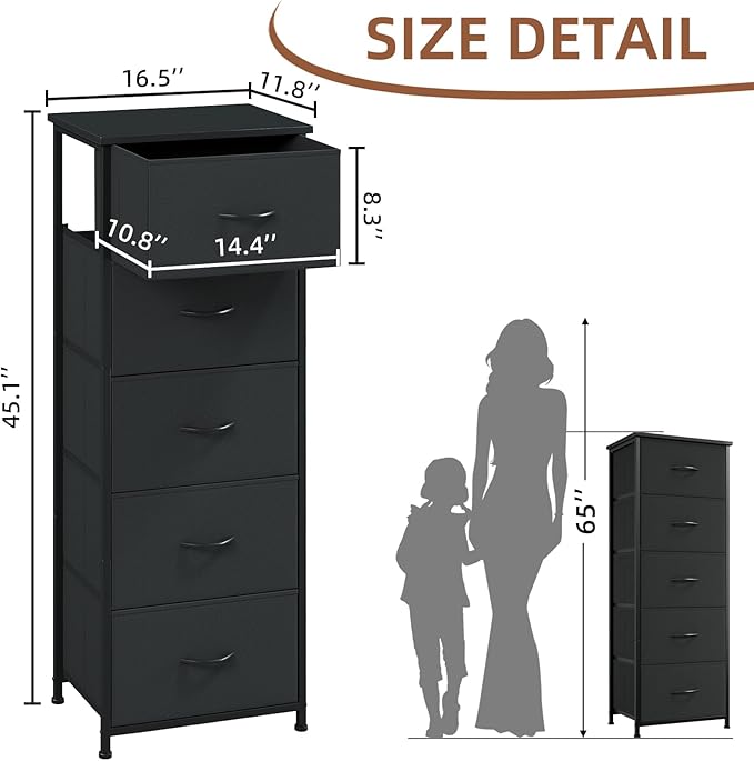 Somdot Tall Dresser for Bedroom with 5 Drawers, Storage Organizer Chest of Drawers with Removable Fabric Bins for Closet Bedside Living Room Laundry Entryway Hallway, Black