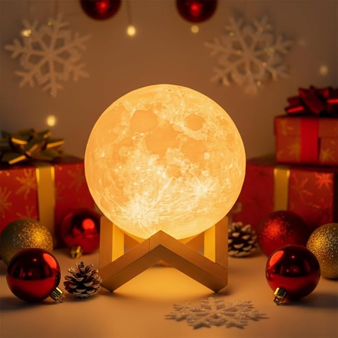 Mydethun Moon Lamp 3D Night Light - 5.9' Christmas Table Decor w/Wooden Base, Gift for Women, Mom & Kids, Bedroom Decor w/Touch-Dimmable & USB Rechargeable, Dual-Color White/Warm Yellow