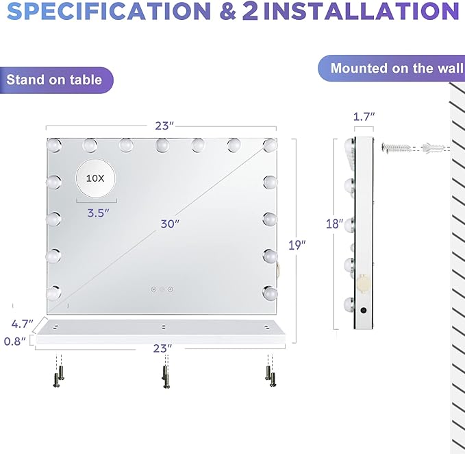 M MIVONDA Vanity Makeup Mirror with Lights: Hollywood Mirror with 15LED Bulbs - Large 23”x19” Desk Mirror for Wall, Dimmable 3 Lighting Modes, Plug-in and USB Charger Port, White