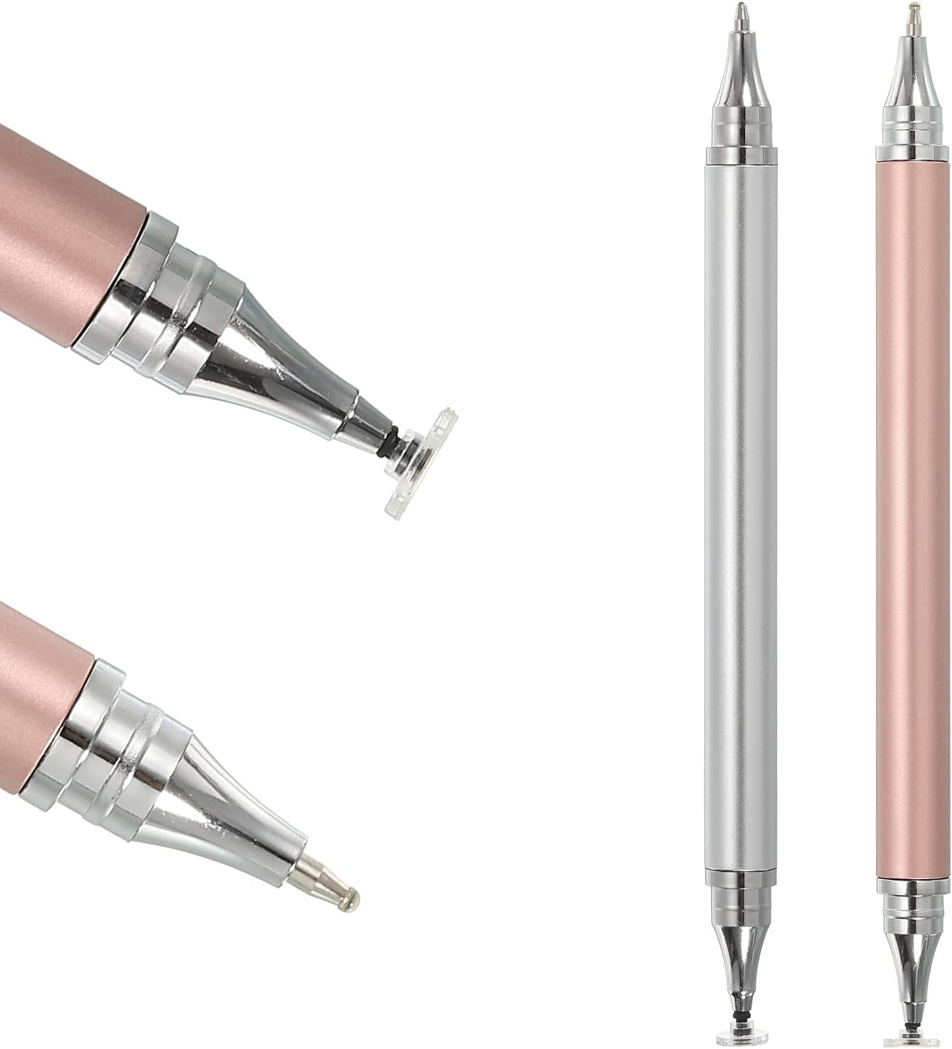 MECCANIXITY 2pcs 2 in 1 Ballpoint Pen with Stylus Tip, Fine Point Disc Stylus Pens for Touch Screens, Silver Pink