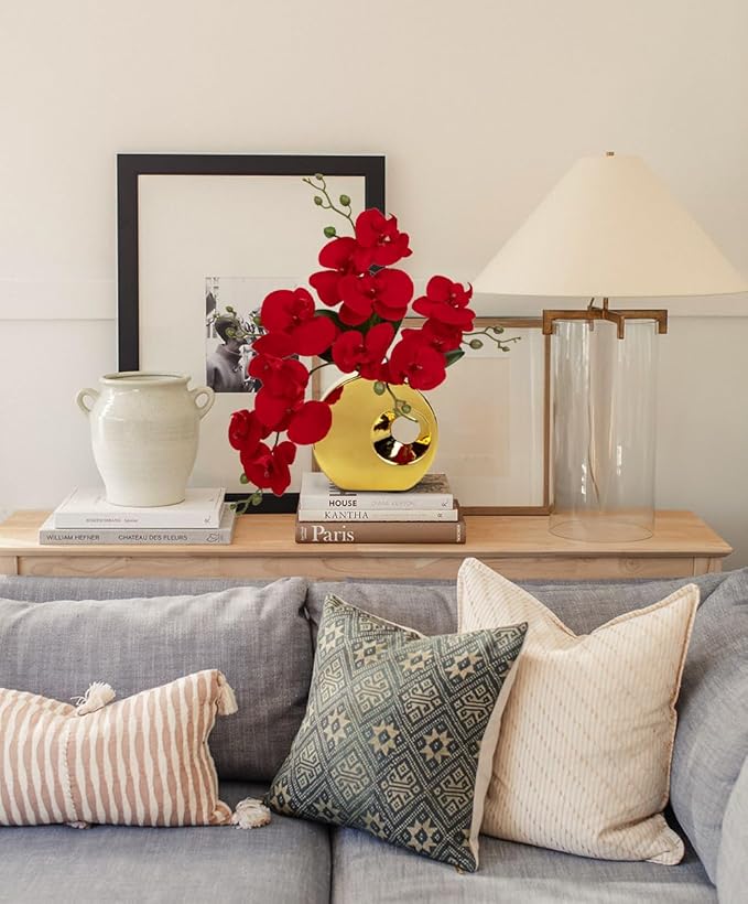 Briful Artificial Orchid Flowers in Gold Pot 15.7" Tall Red Velvet Faux Orchid Arrangement Silk Orchid Flower Fake Orchids Centerpiece for Home Office Room Wedding Table Décor