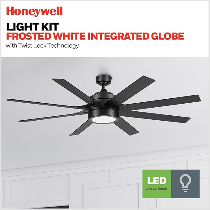 Honeywell Ceiling Fans Xerxes, 62 Inch Modern Indoor Ceiling Fan with Lights and Remote Control, Color Changing LED, 8 Dual Finish Blades, Reversible Motor - 51904-01 (Black)