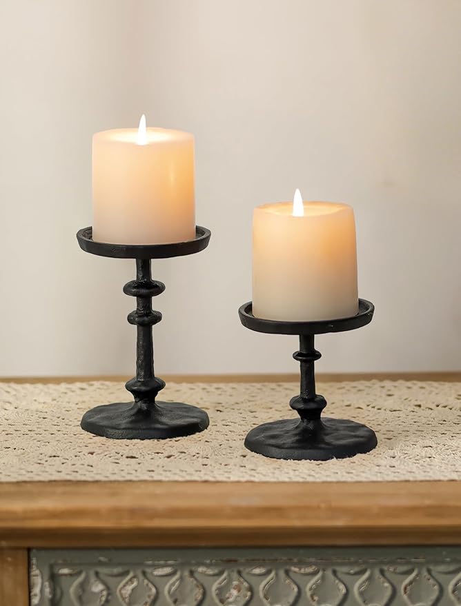 NUPTIO Pillar Candle Holder Black: Solid Cast Iron Candle Stand for 3 Inch Pillars - Vintage Sturdy Metal Candleholder for Halloween Christmas Fireplace Mantle Decor