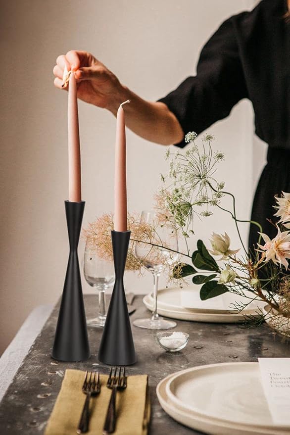 Vixdonos Metal Candle Holders Taper Candlestick Holders Set of 2 Table Decorative Candle Stand for Wedding, Dinning, Party,Home Decor (Matte Black)