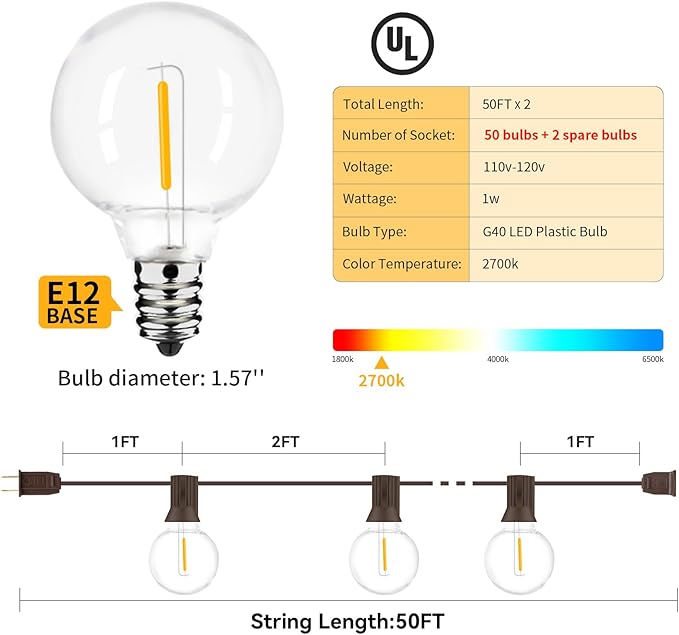 100ft 2-Pack Outdoor String Lights,Dimmable G40 LED String Lights with 52 Shatterproof Clear Bulbs UL Approval Waterproof Globe 1W 2700K Outdoor Lighting for Backyard Porch Cafe Party Wedding Garden