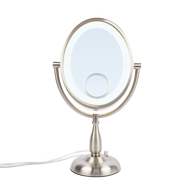 JERDON Lighted Makeup Mirror with 10X-1X Magnification & 15X Spot Mirror - Nickel Finish - Model HL9510NL