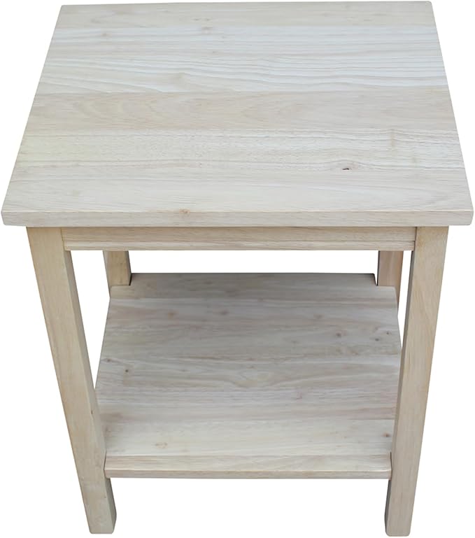 Portman Accent Table Solid Parawood Unfinished Wood 16"W x 14"D x 20"H with Shelf, Small Living Room Furniture for Painting or Staining, Traditional End Table for Bedroom or Entryway